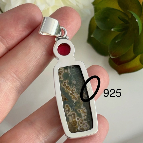 Jewelry Set Ocean Jasper Coral Pendant Coral Bracelet Sterling Silver 925 Filled - Picture 5 of 8